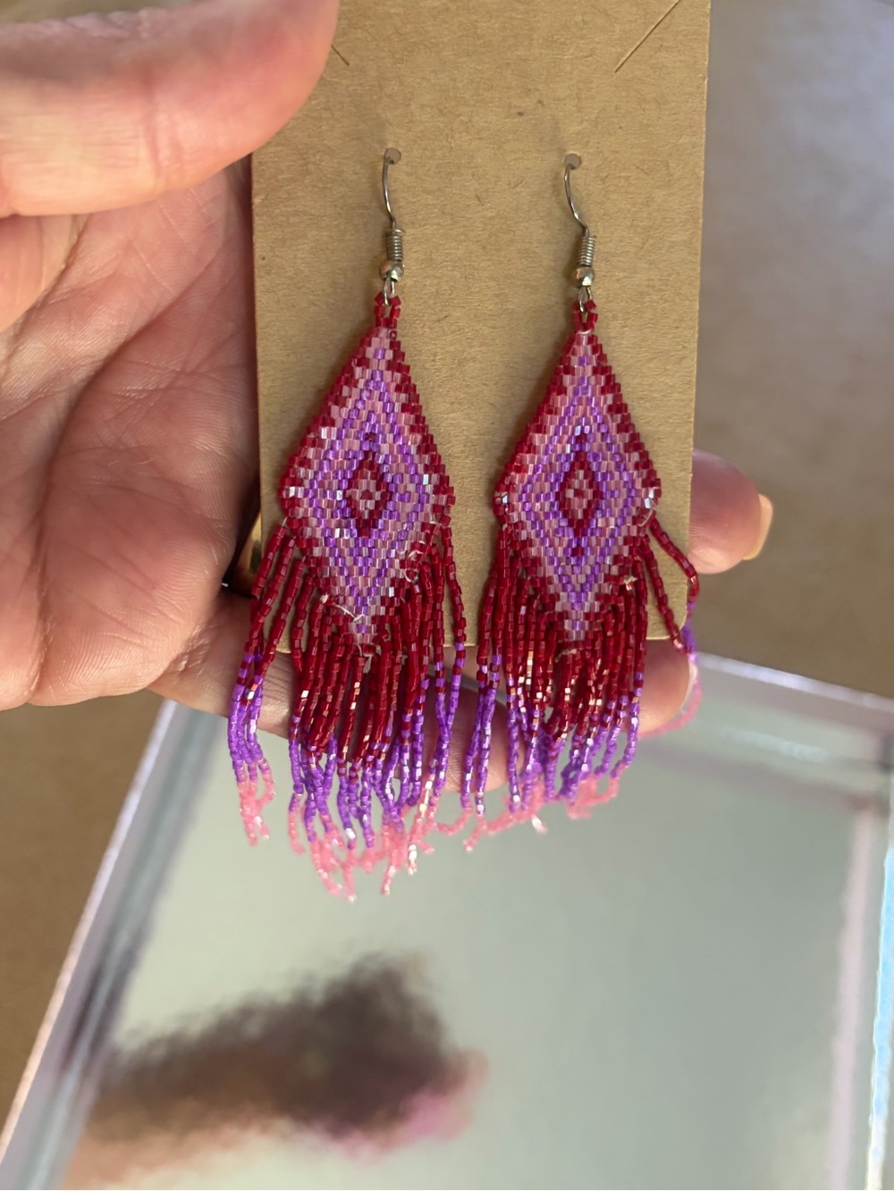 Handcrafted Red and Purple Beaded Fringe Earrings - Women Jewelry hand made